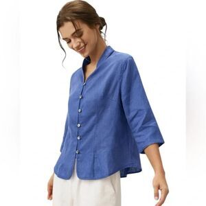 LINTICO Colbalt Blue 100% Linen Mandarin Collar Button Up 3/4 Sleeves Top Medium